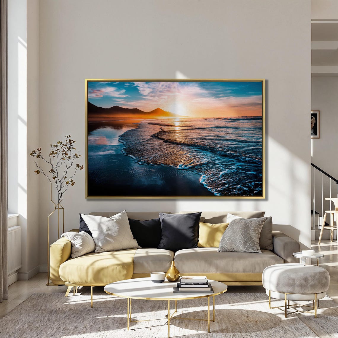 Beach Sunset Over Ocean Waves With Mountain Silhouette Art Poster - Image 2