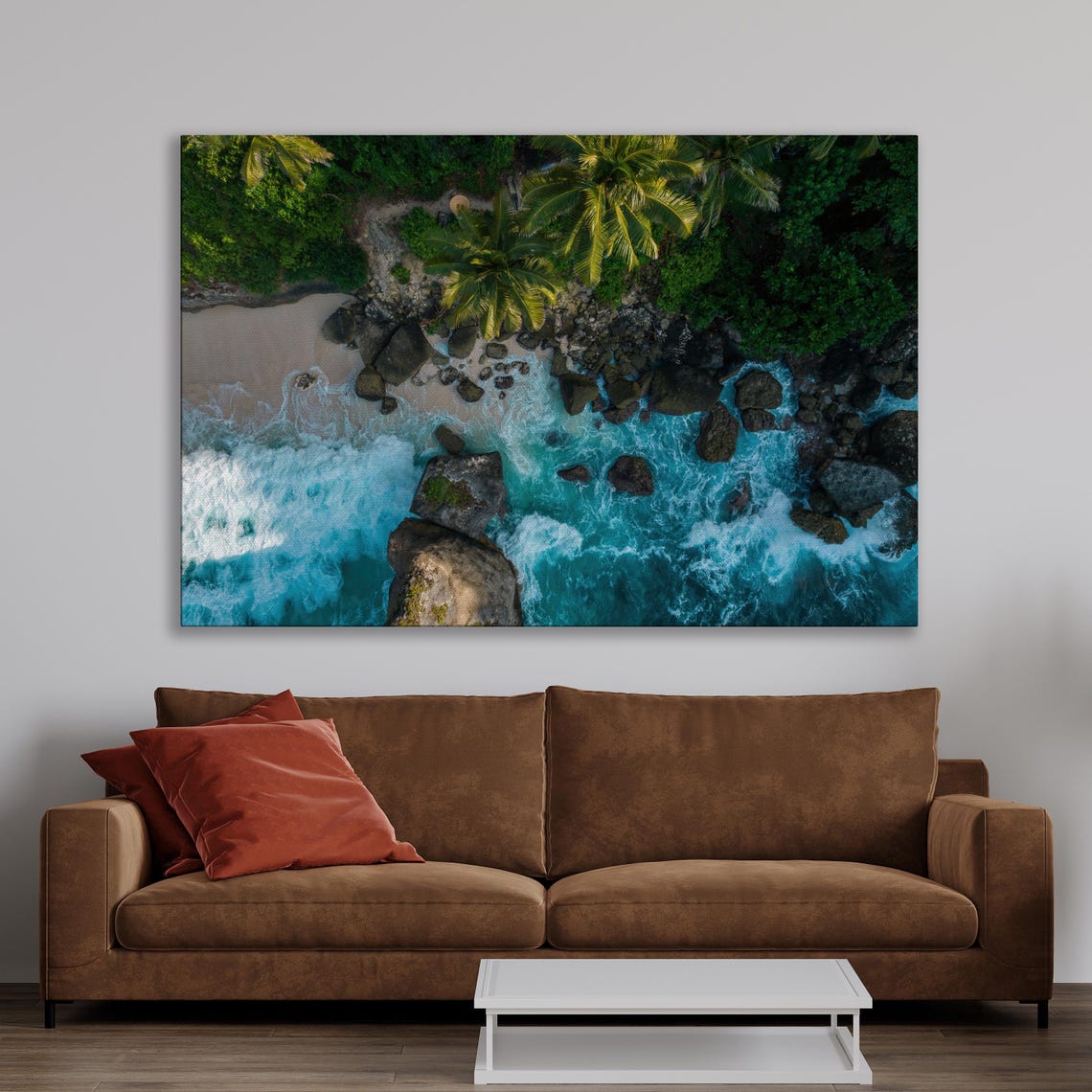 Aerial Drone View Of Rocky Beach Palms And Turquoise Waves Poster - Image 3