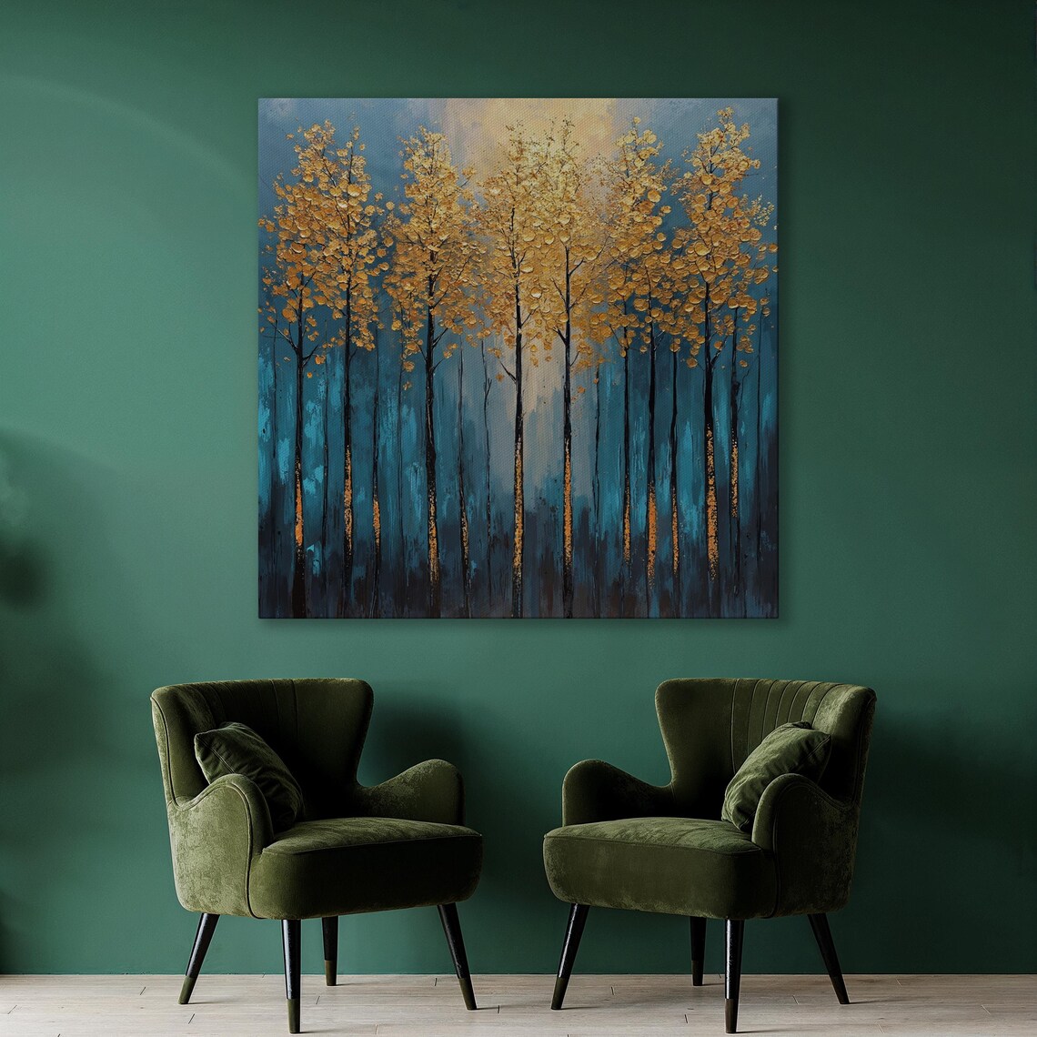 Abstract Trees With Golden Leaves Wall Art Modern Forest Landscape Painting Print Luxury Decor Blue And Gold Art Poster Ready To Hang - Image 3