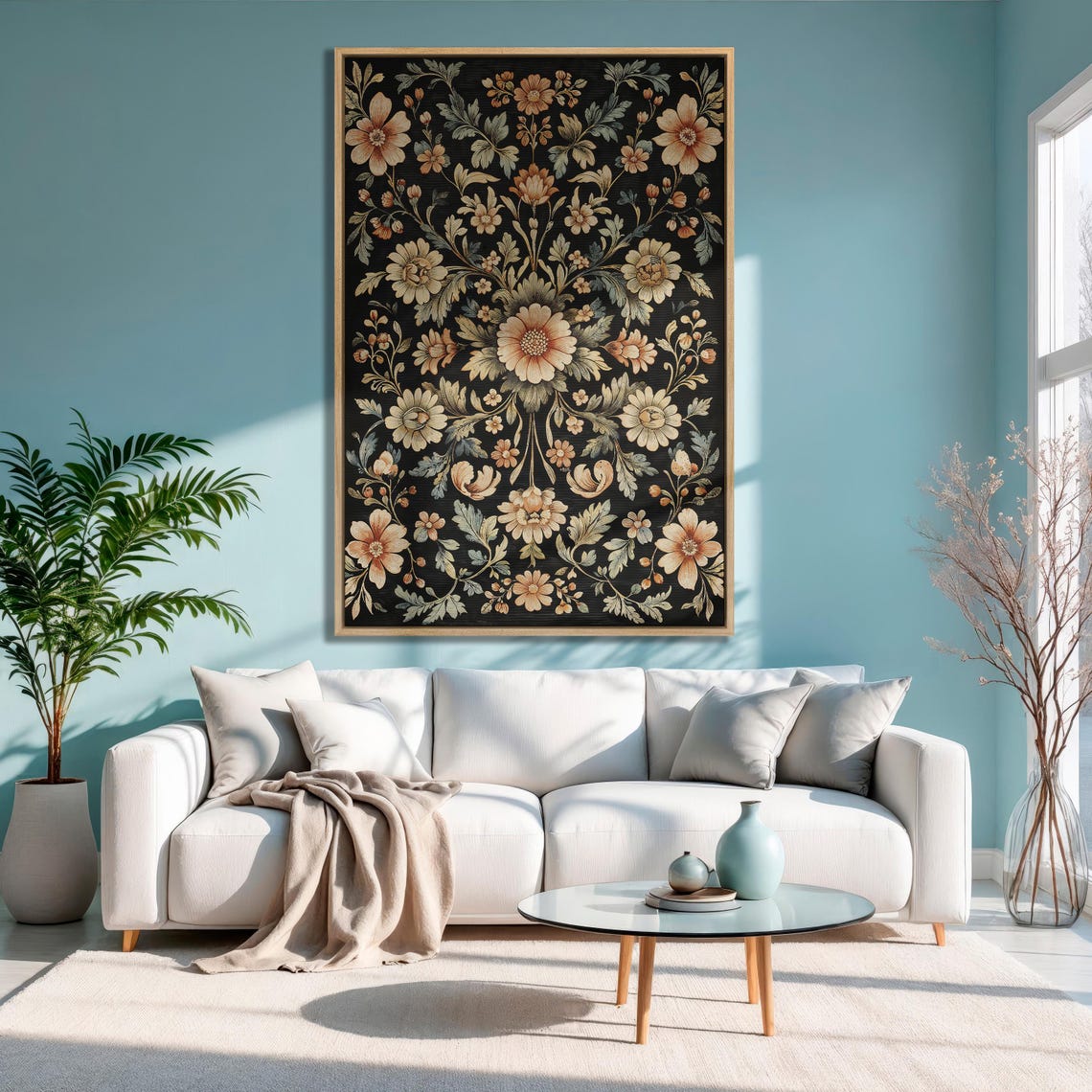 Elegant Vintage Floral Damask Pattern in Cream on Black Print - Image 3