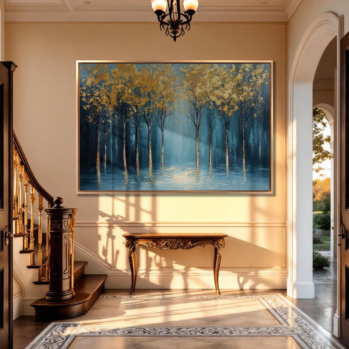 Golden Leaf Trees Rising From Blue Water Abstract Forest Art Poster - Image 2