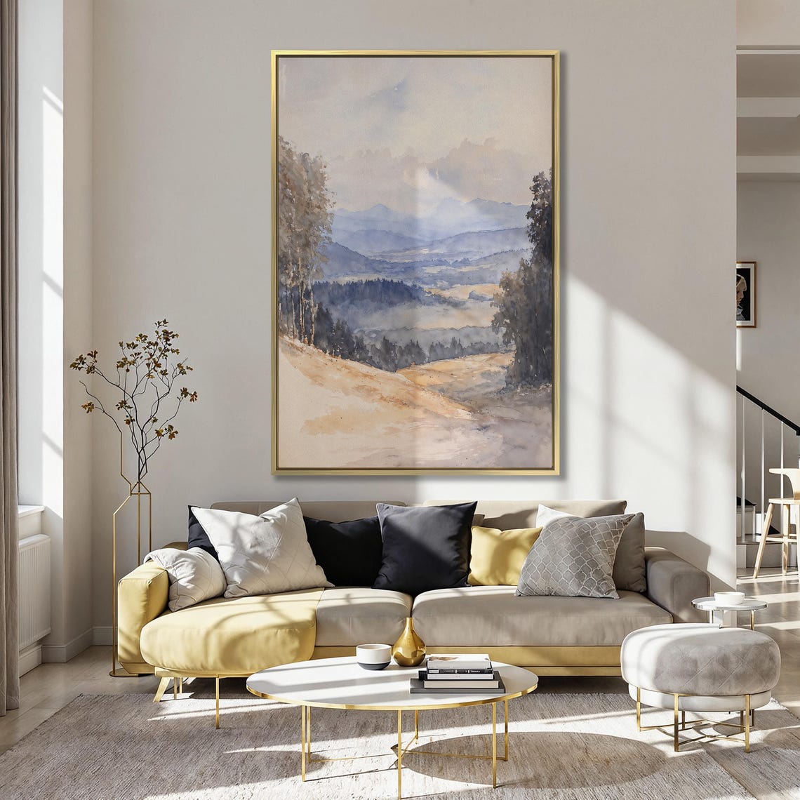 Golden Sunlit Hillside View Over Misty Blue Mountain Ranges Poster - Image 5
