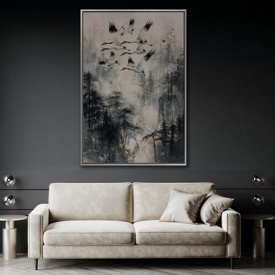 Flock Of Soaring Cranes, Foggy Forest Painting Print - Image 5