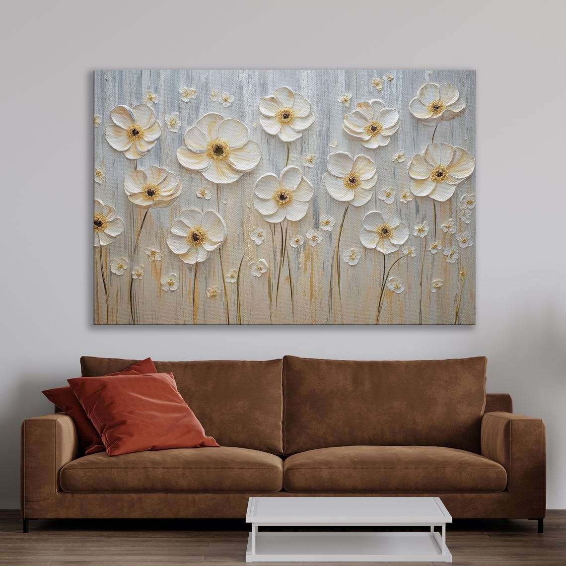 White Blossoms With Gold Centers Textured Floral Painting Poster - Image 2