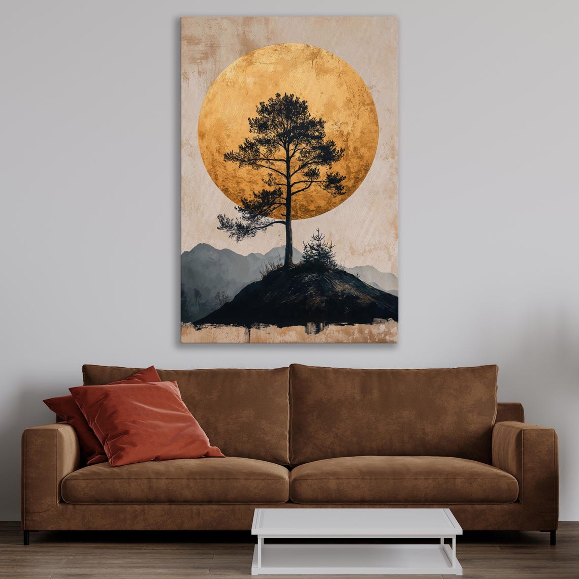 Lone Pine Tree Silhouette Against a Golden Moon Circle Poster - Image 3