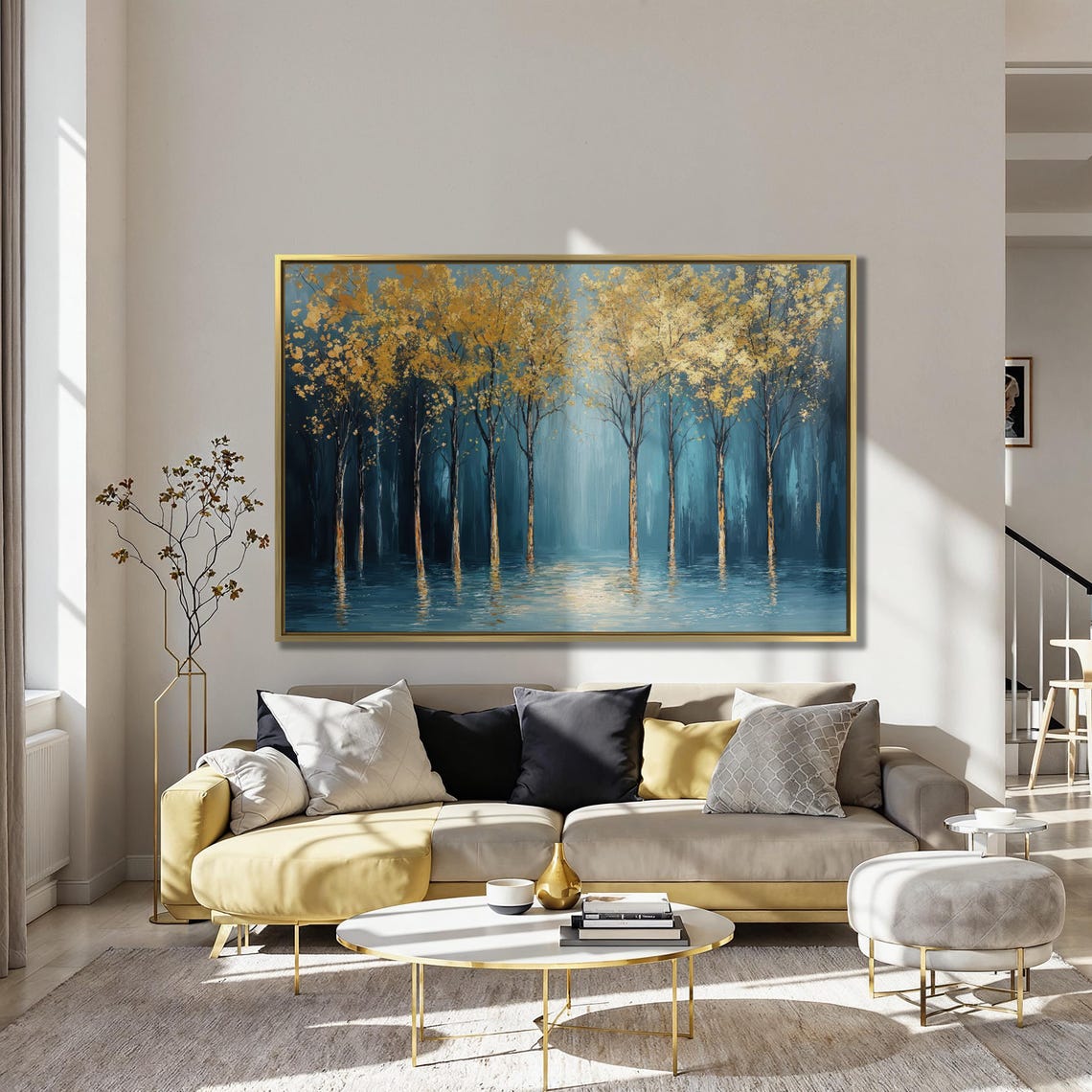 Golden Trees Wall Art Abstract Forest Landscape Painting Print Serene Wall Decor Blue And Gold Modern Nature Poster Ready To Hang - Image 4