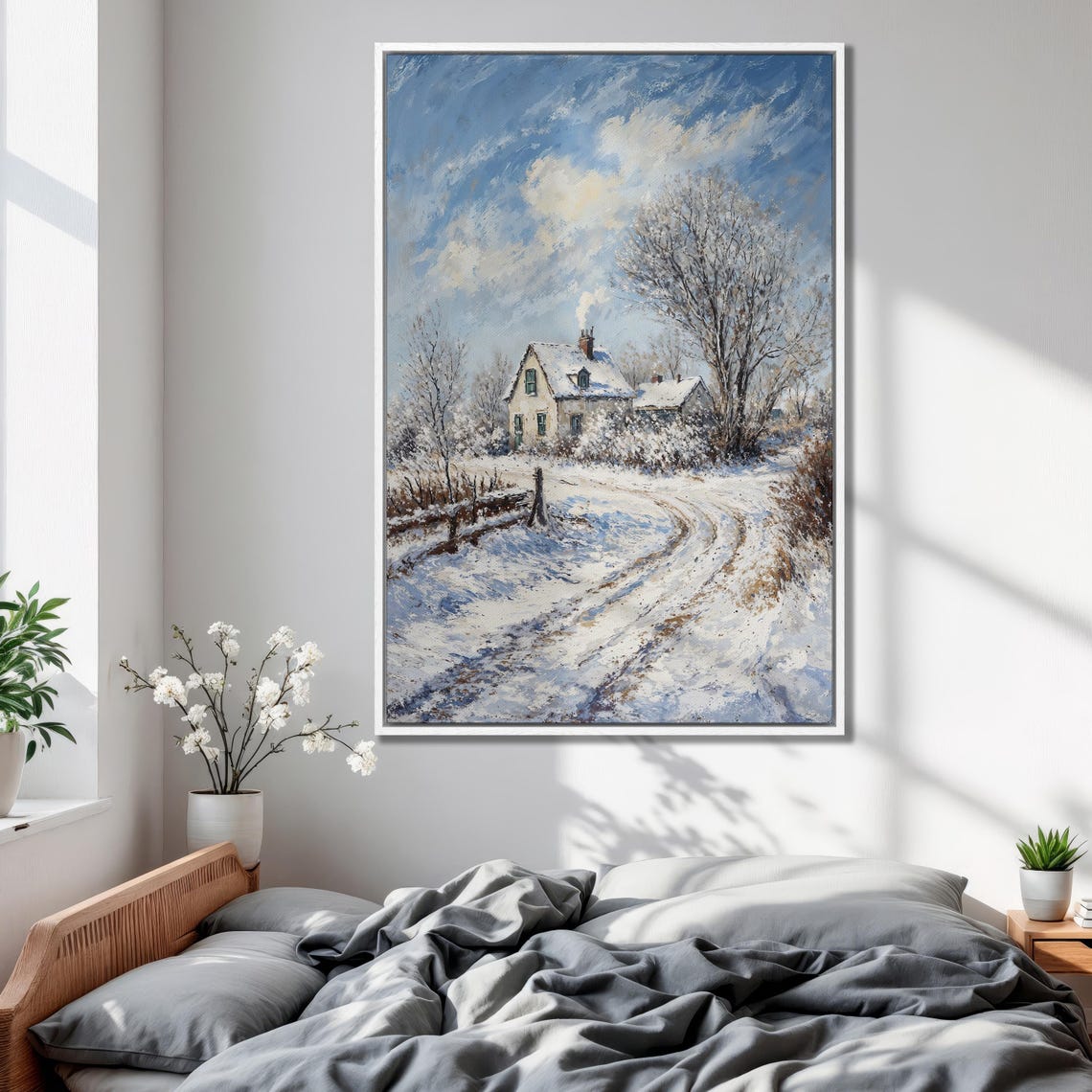 Snowy Country Road to White Cottage in Blue Winter Sky Poster - Image 2