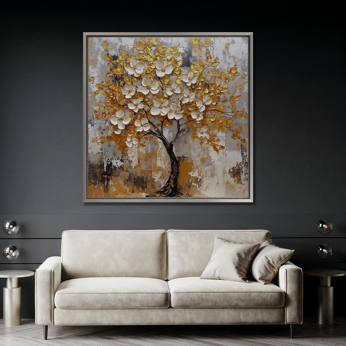 White Blossom Tree With Gold Impasto Leaves Abstract Art Poster - Image 4