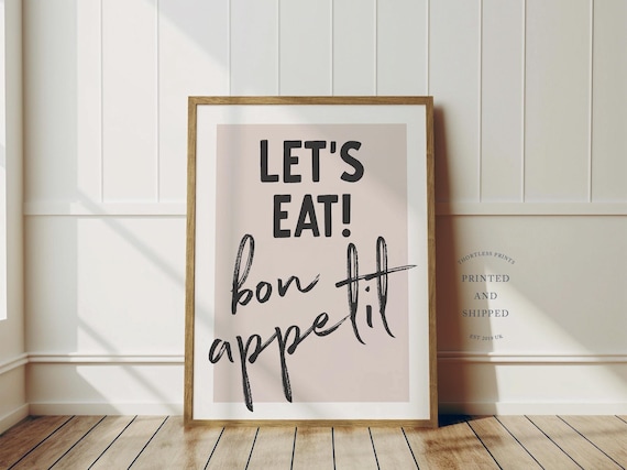 Let's Eat Bon Appetit Funny Kitchen Quote Blush Pink Wall Poster