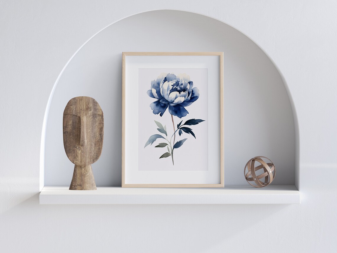 Blue Peony Watercolor Navy Single Flower Minimalist Botanical Art Poster - Image 4