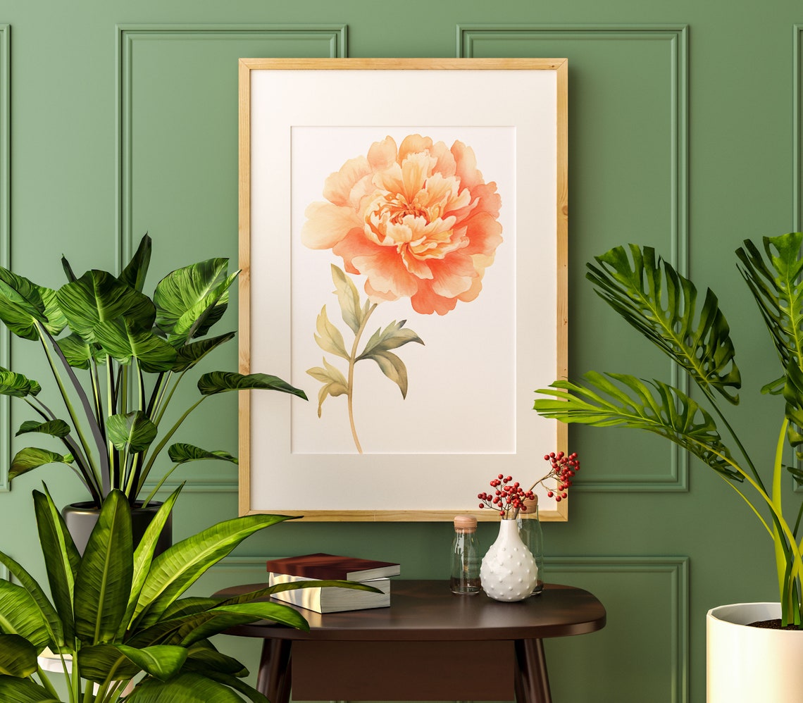 Peach Orange Peony Lush Bloom Watercolor Detailed Floral Art Poster - Image 4