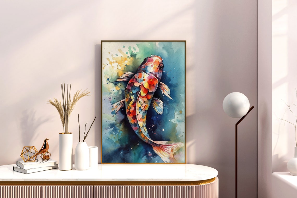 Rainbow Koi Fish Colorful Watercolor Art Teal Blue Pond Fish Poster - Image 5