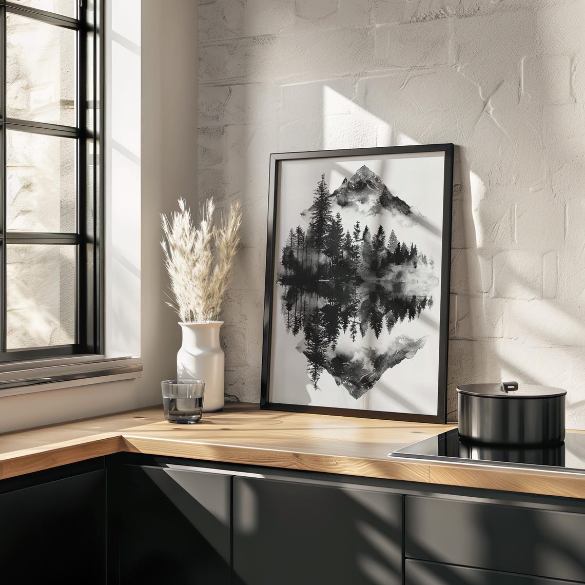 Black White Mountain Forest Reflection Watercolor Art Poster - Image 2