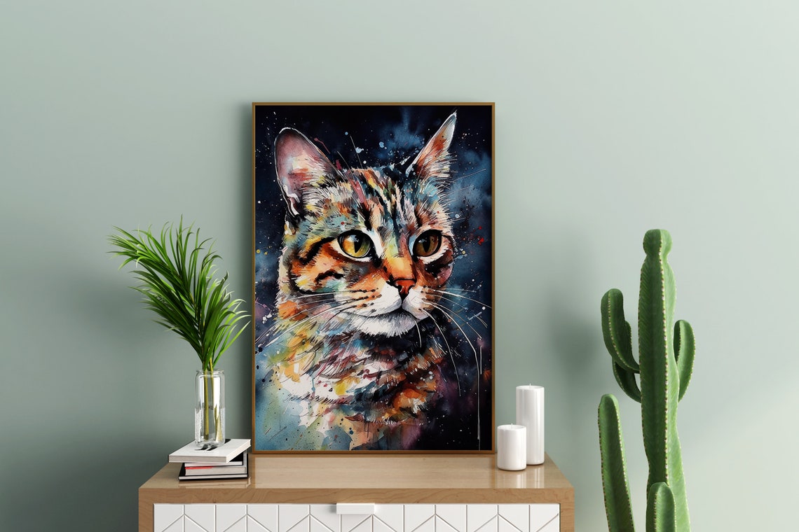 Tabby Cat Colorful Watercolor Portrait Golden Eyes Dark Art Poster - Image 3
