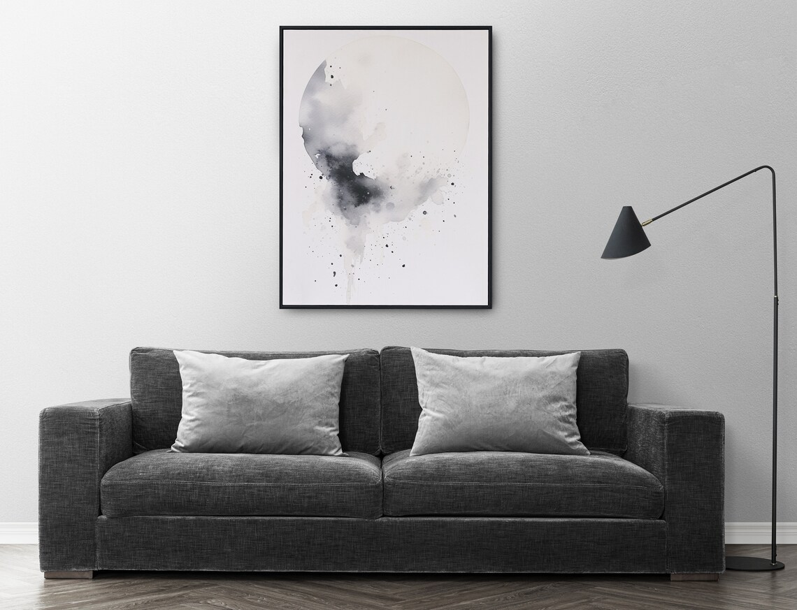 Black White Moon Watercolor Abstract Lunar Circle Minimalist Art Poster - Image 3
