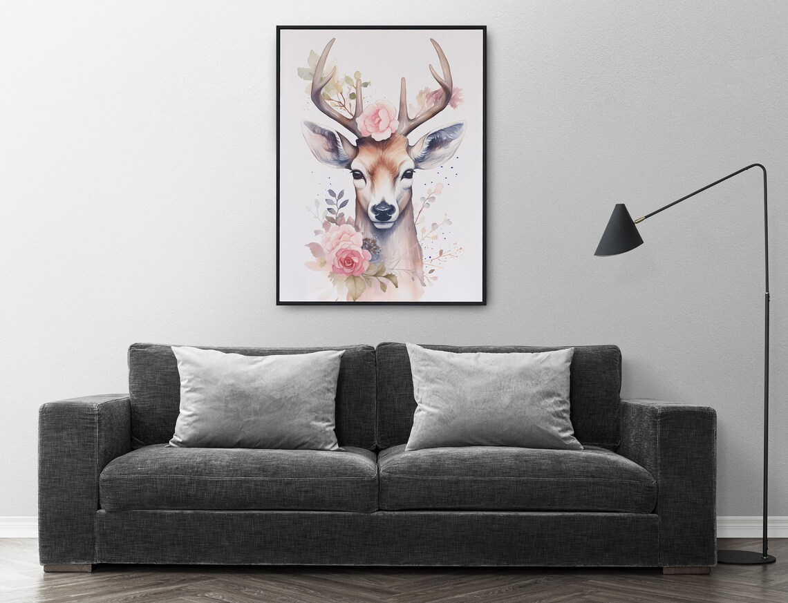 Deer With Antlers Pink Roses Watercolor Woodland Animal Poster - Image 2
