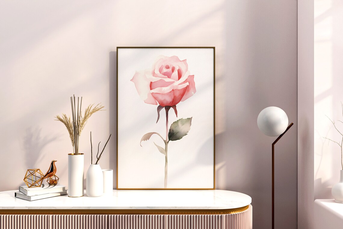 Pink Rose Single Bloom Delicate Watercolor Minimalist Flower Poster - Image 4