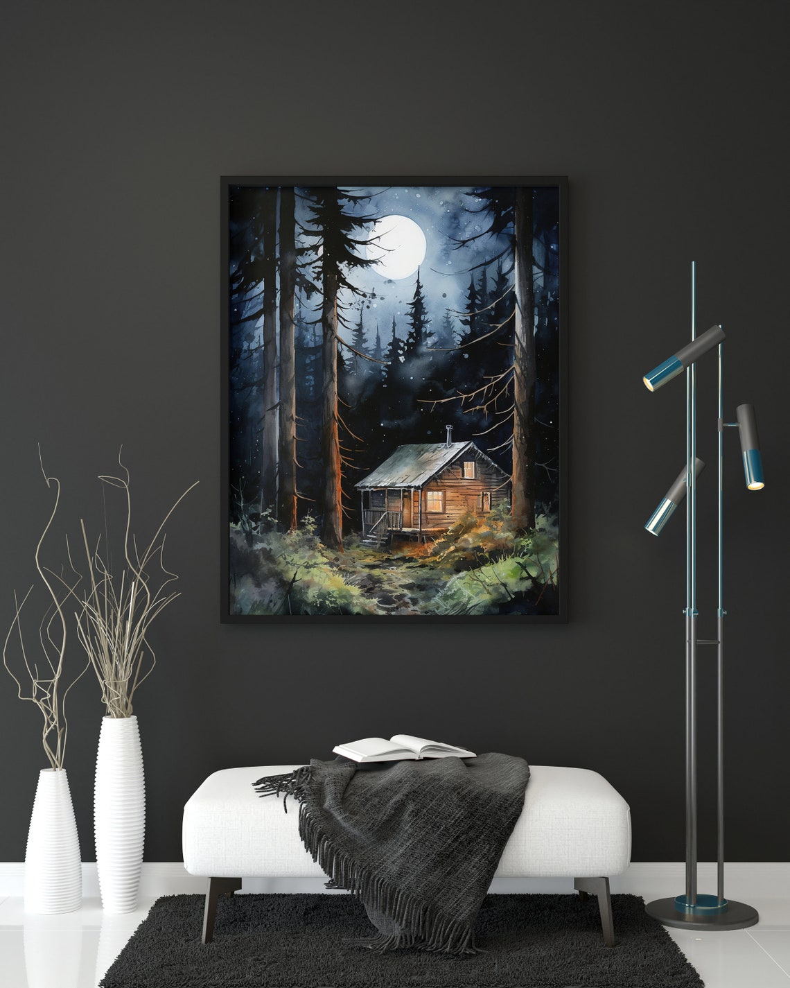 Moonlit Log Cabin Pine Forest Night Watercolor Rustic Cozy Poster - Image 4