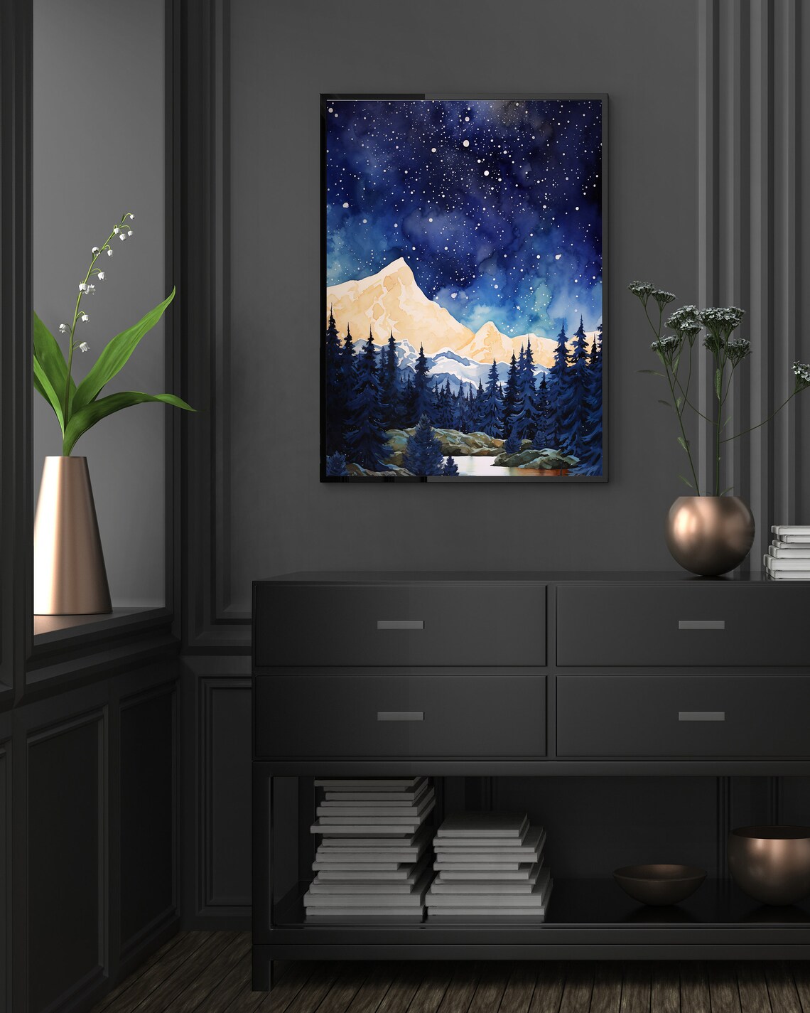 Milky Way Starry Night Sky Over Pine Mountains Watercolor Poster - Image 4