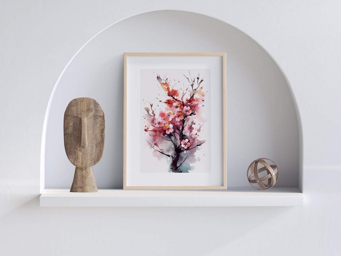 Expressive Pink Blossom Branch Watercolor Artistic Floral Poster - Image 3
