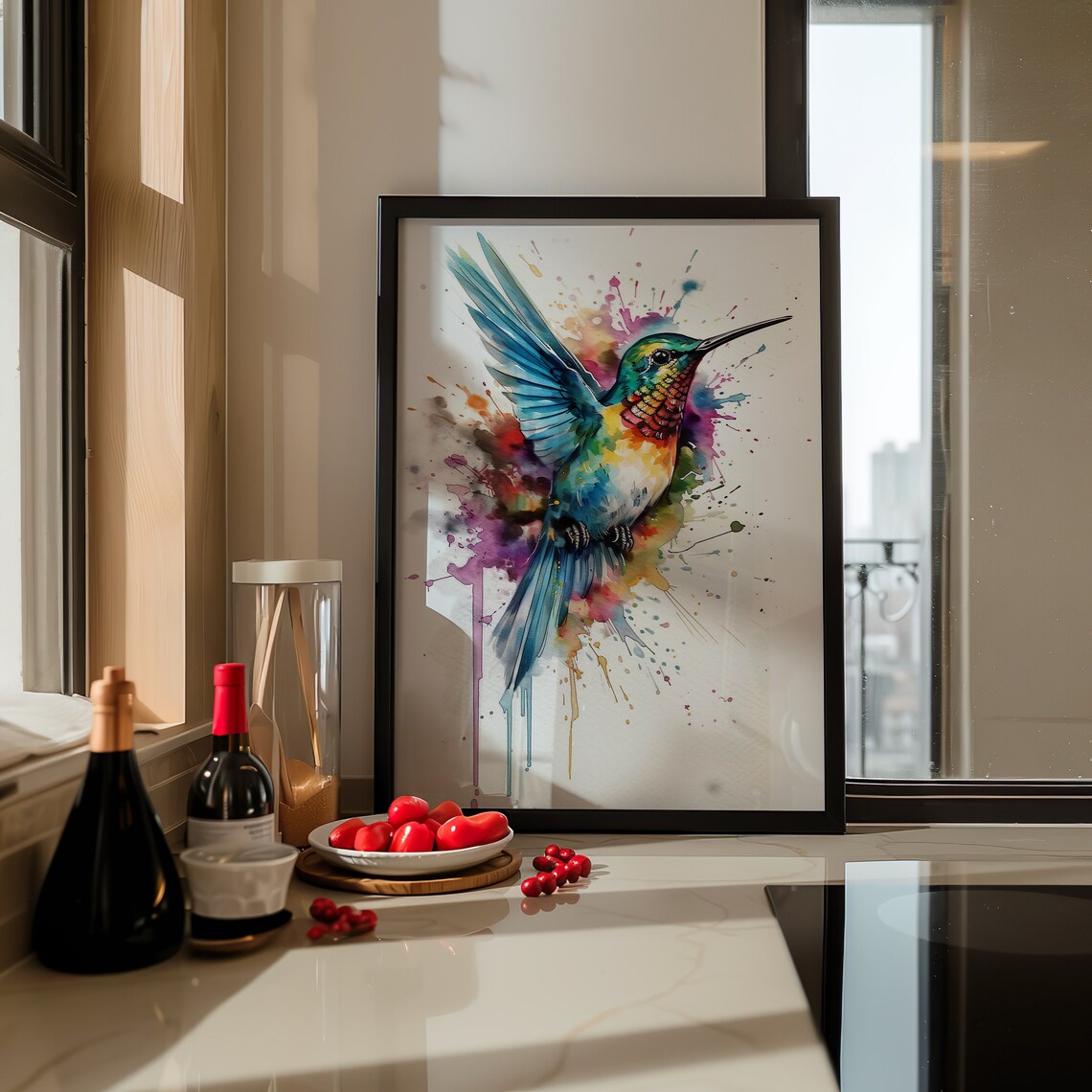 Hummingbird Colorful Watercolor Art Flying Bird Teal Splash Poster - Image 4