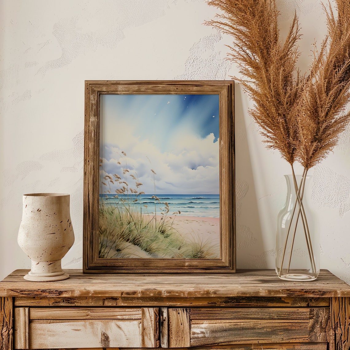 Beach Seashore Watercolor with Dune Grass Ocean Waves Poster - Image 2