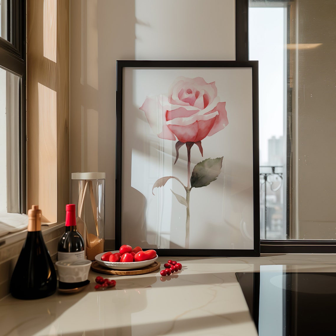 Pink Rose Single Bloom Delicate Watercolor Minimalist Flower Poster - Image 2