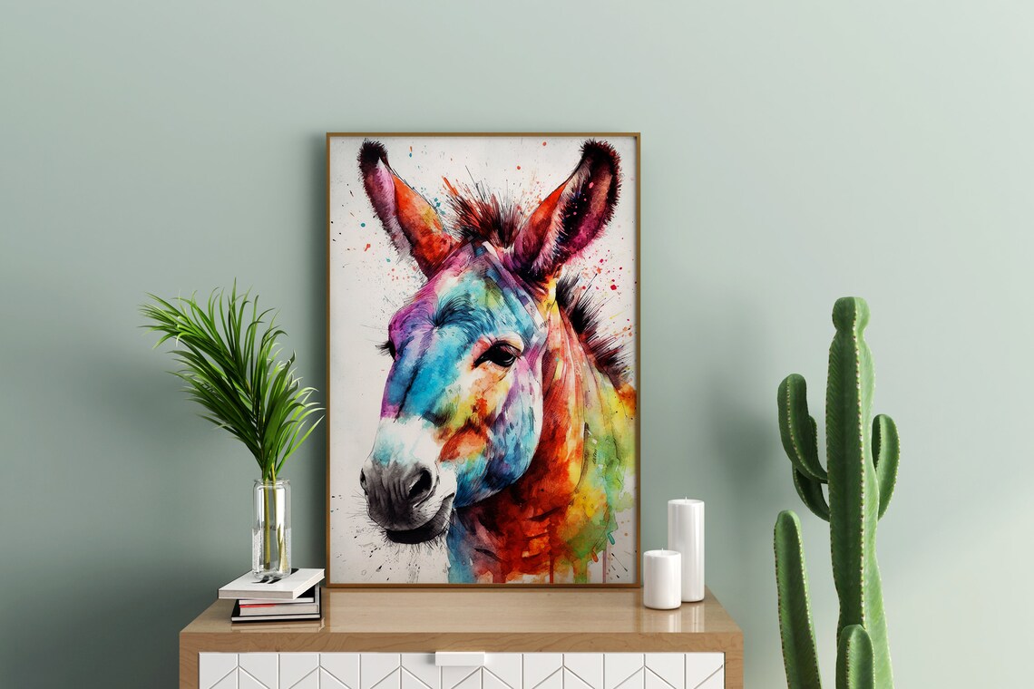 Colorful Donkey Painting Wall Art Poster Gift Watercolor Colorful Animal Painting Illustration Nature Wall Art Home Decor Print - Image 3