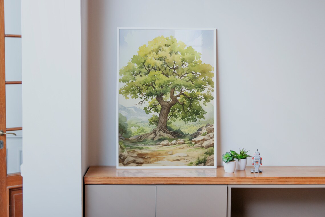 Oak Tree Landscape Watercolor Rolling Hills Pastoral Art Poster - Image 5
