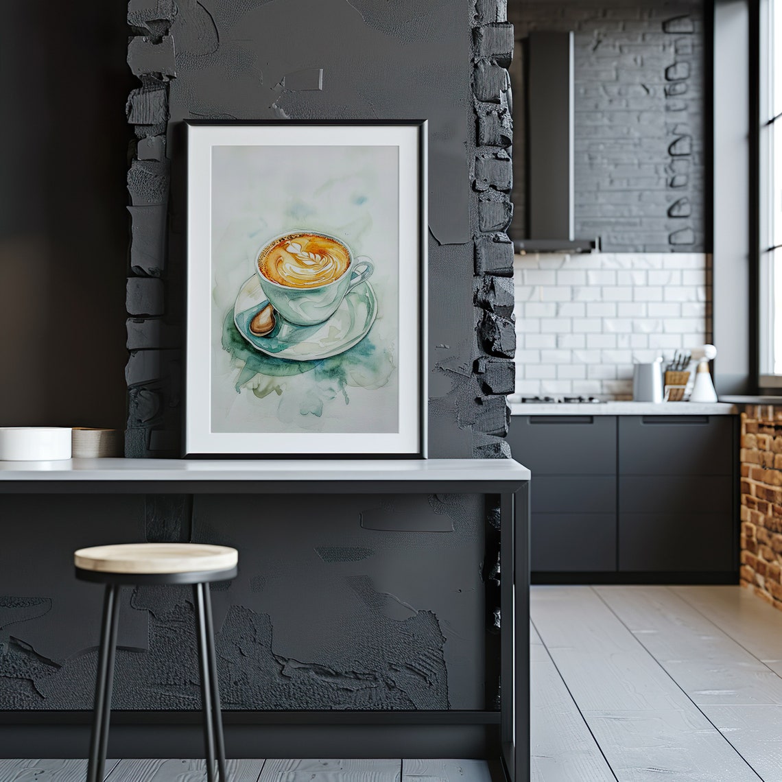 Latte Art Coffee Cup Watercolor Warm Cozy Kitchen Scene Poster - Image 3