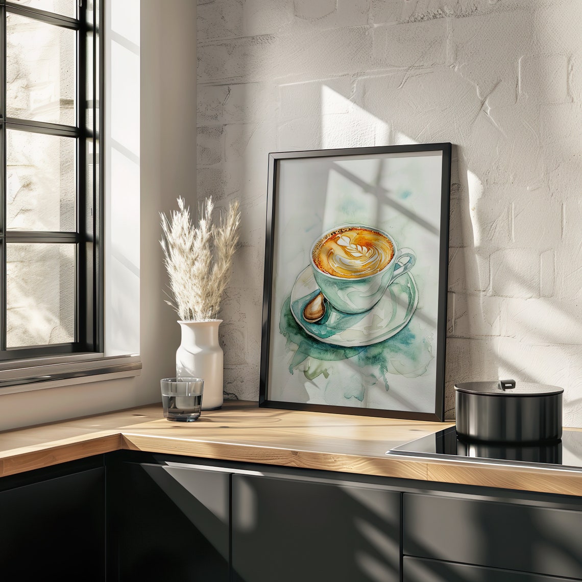 Latte Art Coffee Cup Watercolor Warm Cozy Kitchen Scene Poster - Image 4