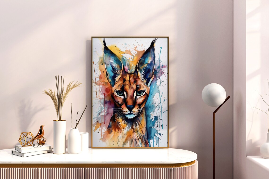 Caracal Wild Cat Watercolor Portrait Vibrant Splash Art Poster - Image 4