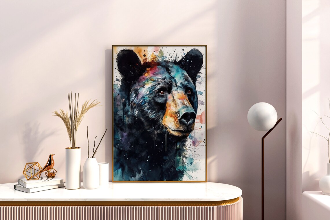 Black Bear Watercolor Portrait Colorful Splashes Wildlife Animal Art Poster - Image 5