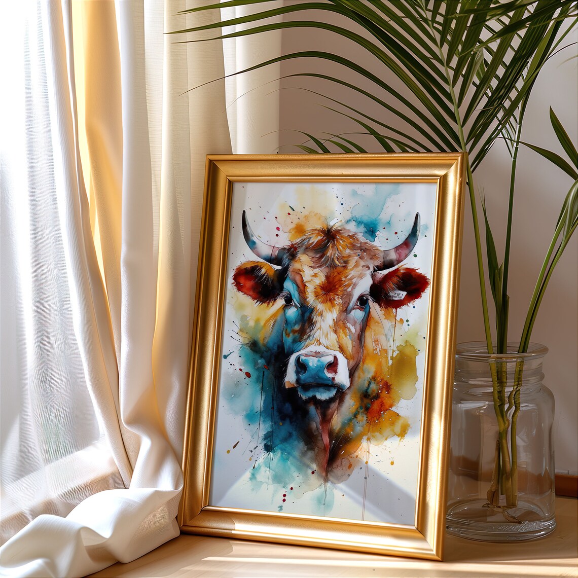 Brown Cow Watercolor Portrait Colorful Farm Animal Art Poster - Image 4
