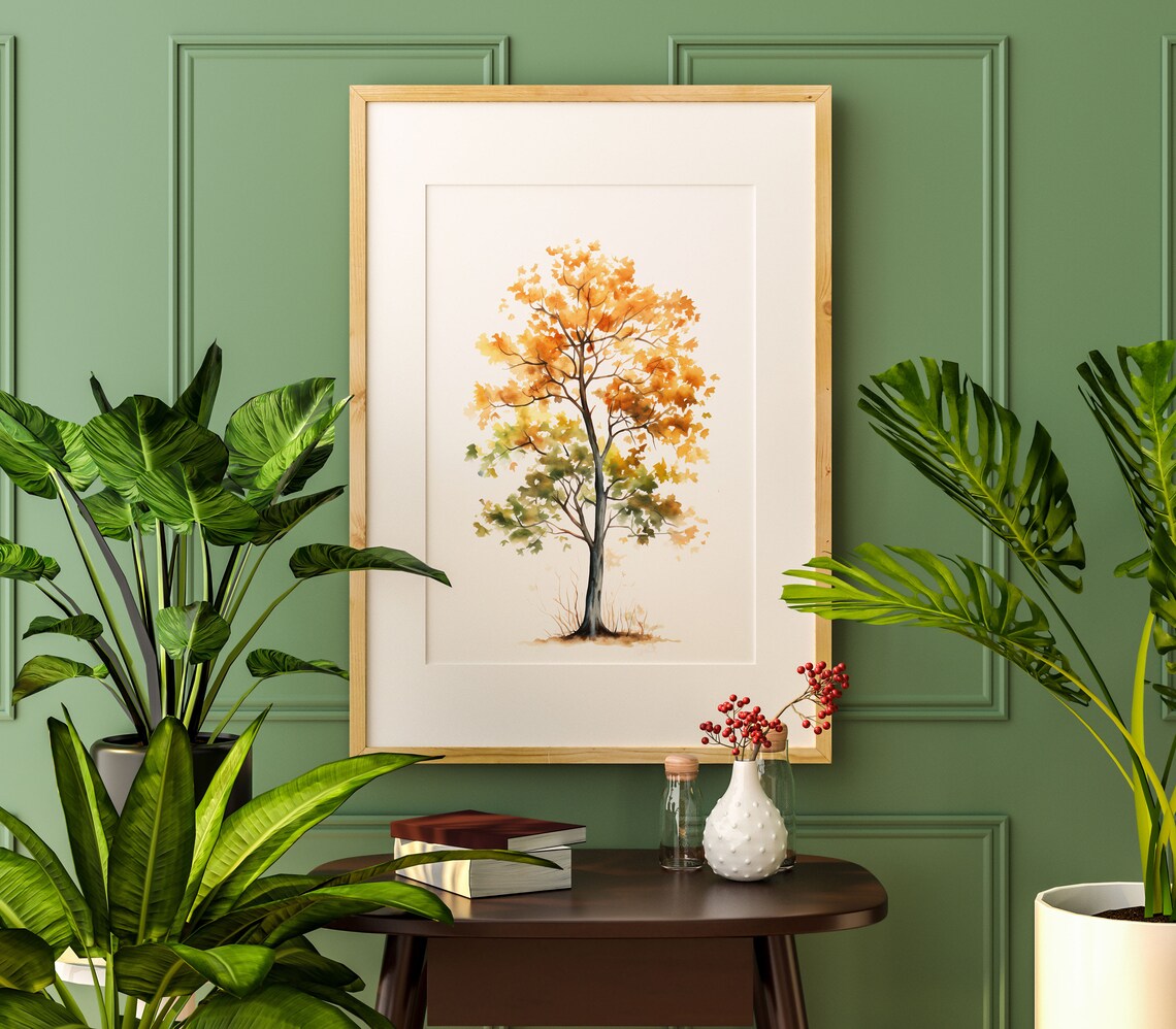 Golden Autumn Tree with Orange Green Watercolor Leaves Poster - Image 3