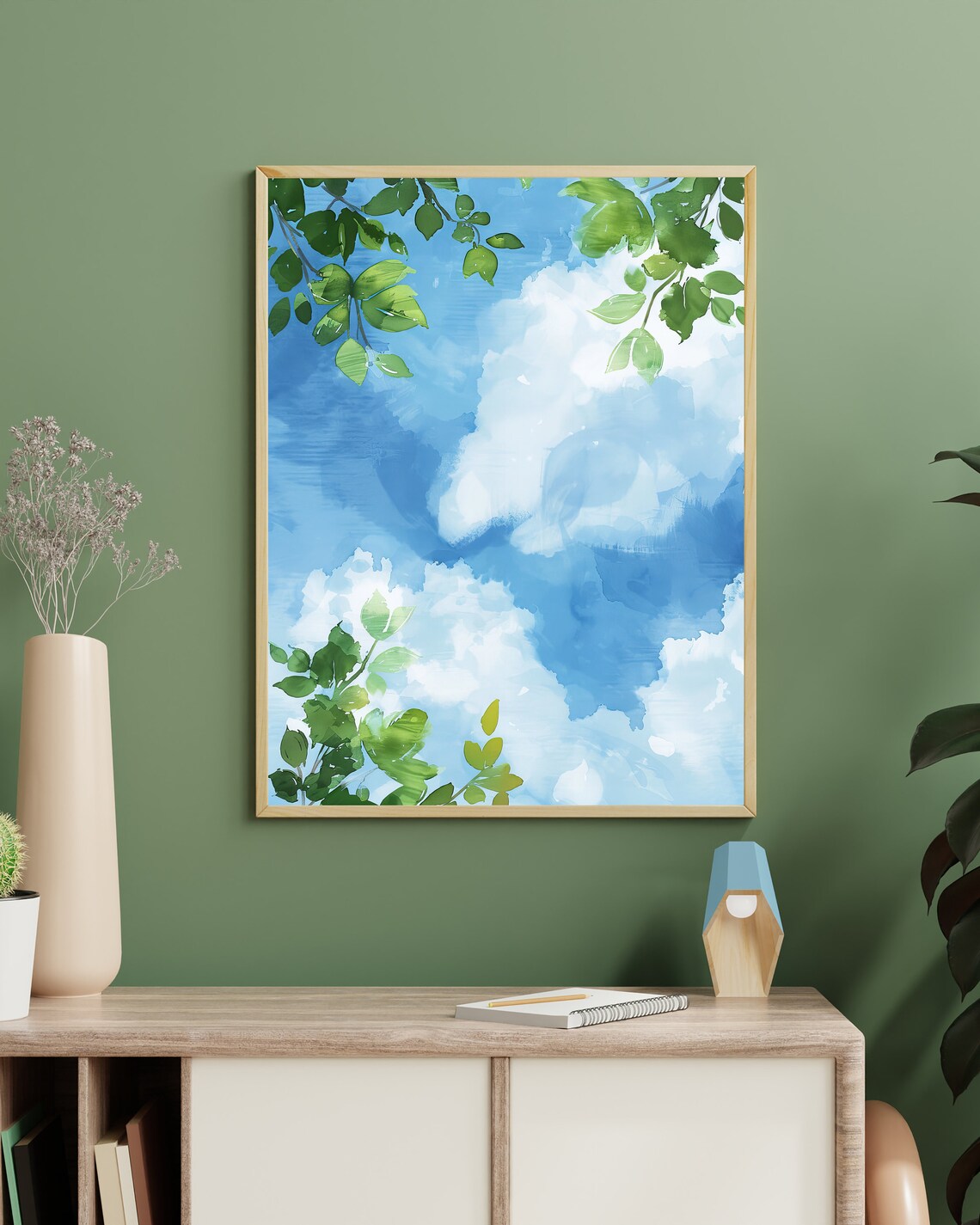 Blue Sky Clouds Watercolor Green Tree Leaves Summer Art Poster - Image 2