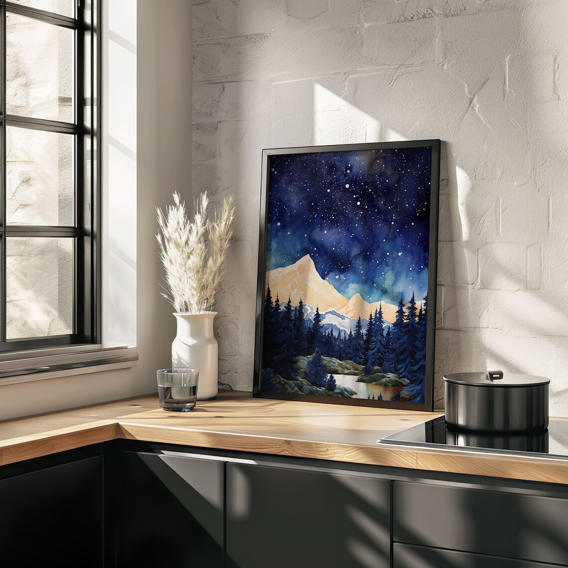 Milky Way Starry Night Sky Over Pine Mountains Watercolor Poster - Image 3