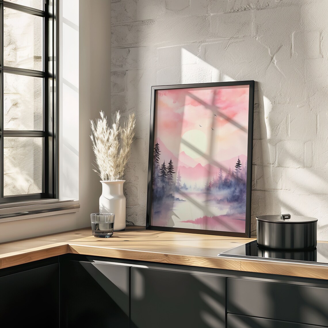Pink Sunrise Over Misty Purple Mountains Pine Forest Lake Watercolor Poster - Image 2
