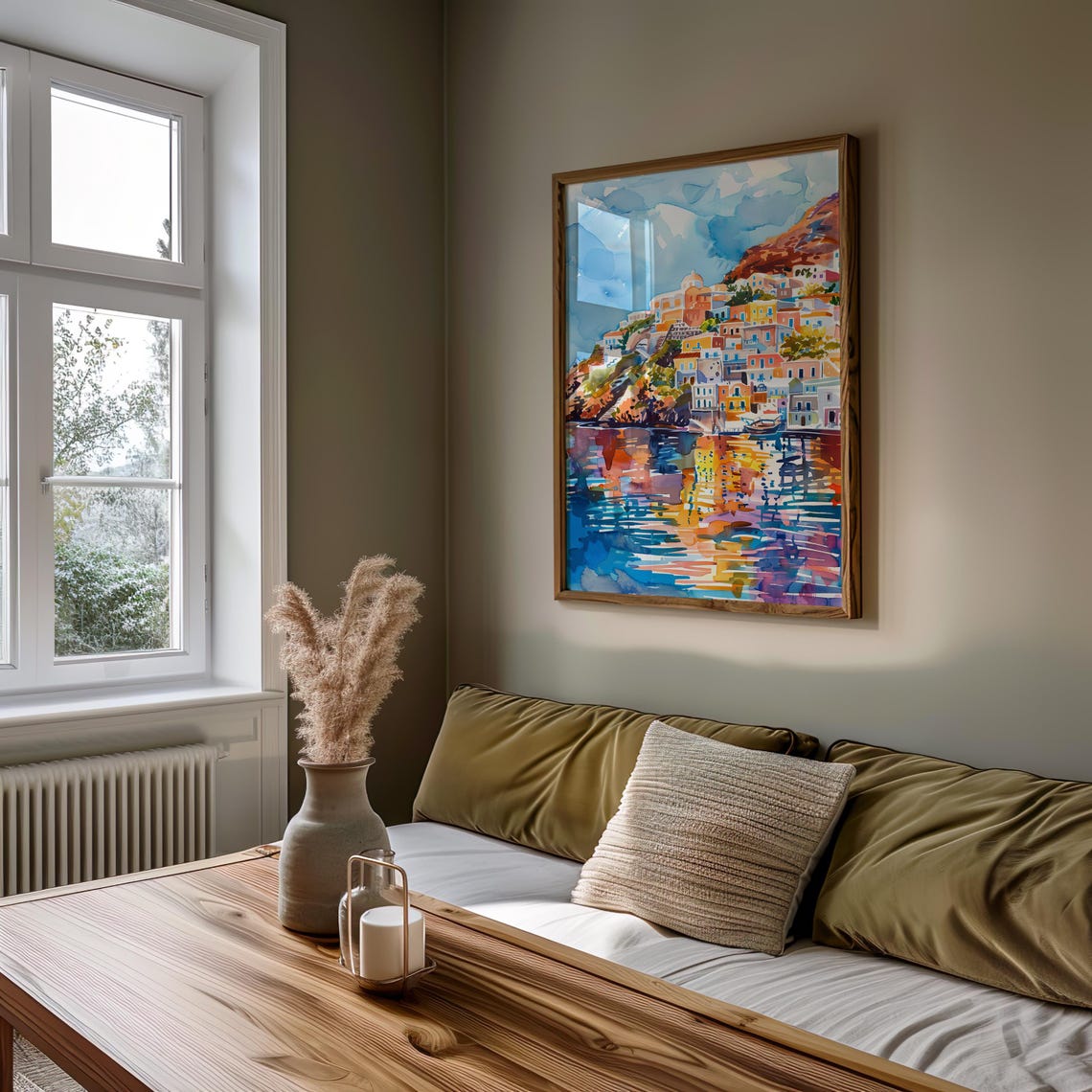 Colorful Cliffside Seaside Village Watercolor Harbor Scene Poster - Image 4