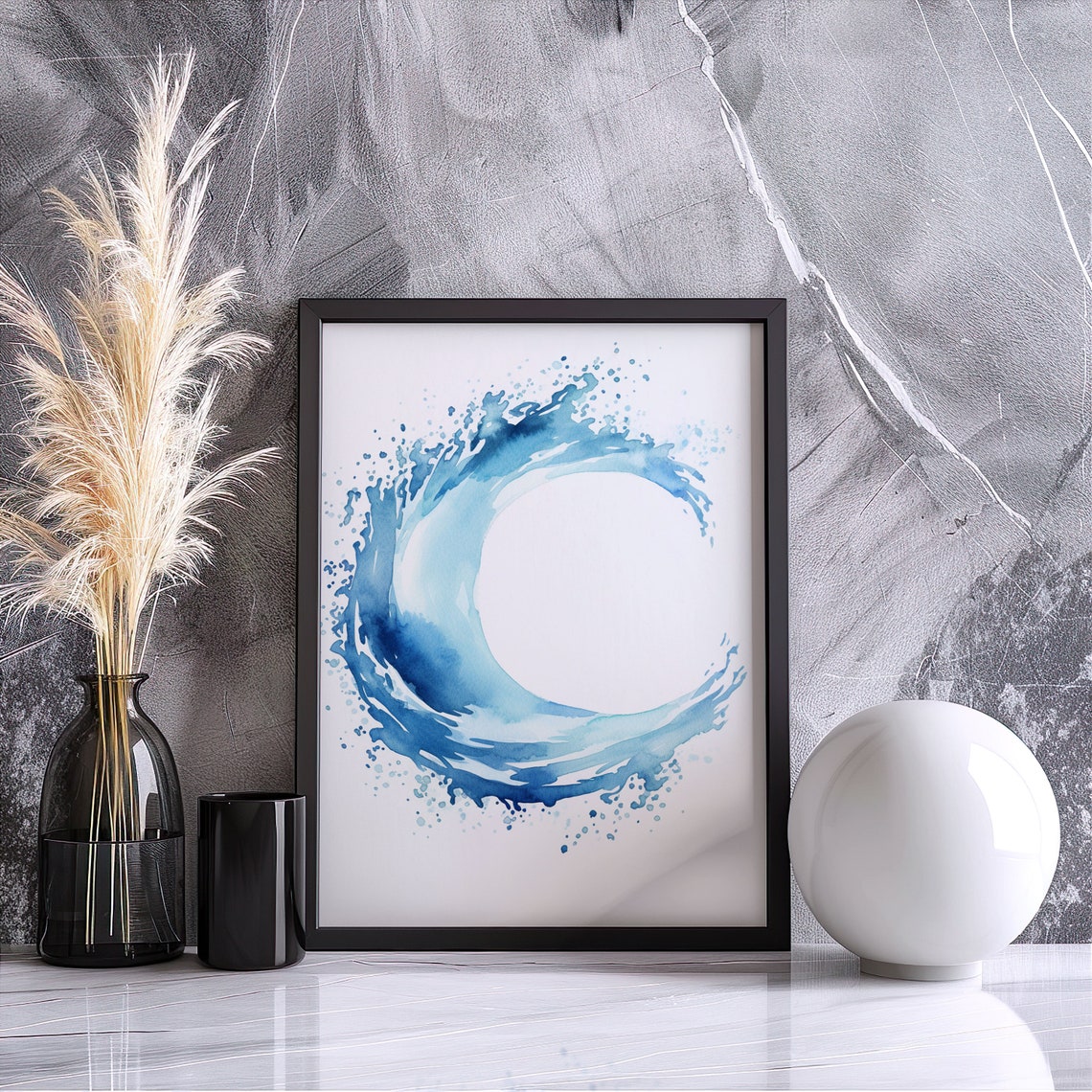 Blue Watercolor Wave Enso Circle Minimalist Zen Ocean Poster - Image 4