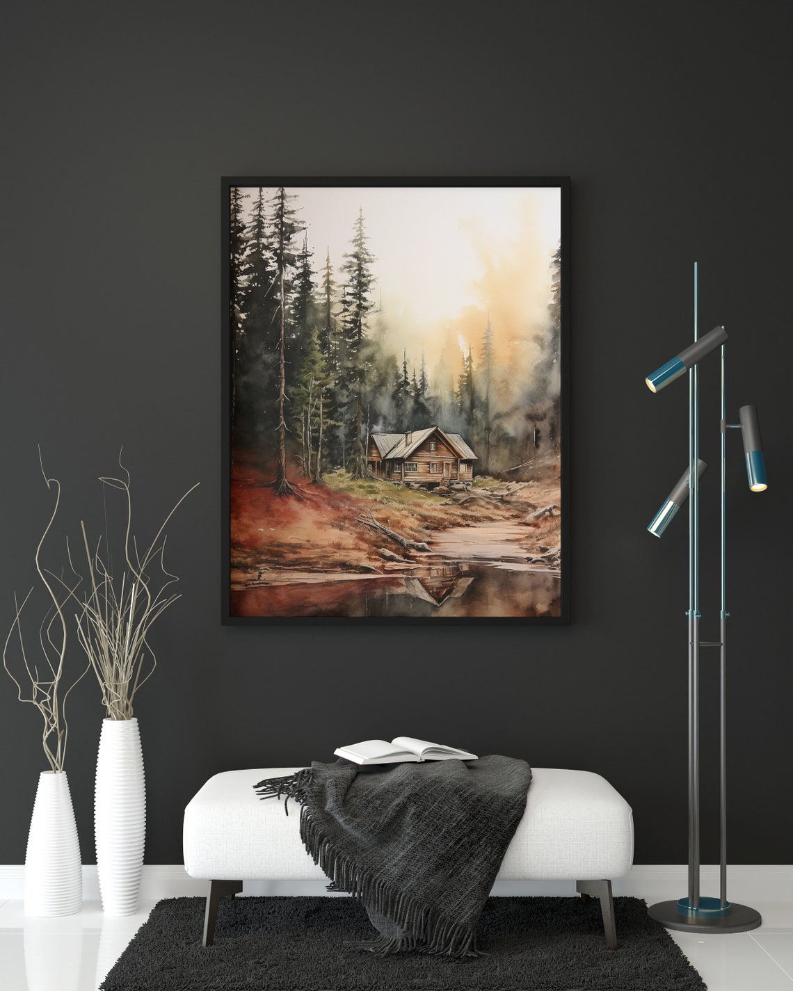 Lakeside Log Cabin Sunset Pine Forest Reflection Watercolor Poster - Image 3