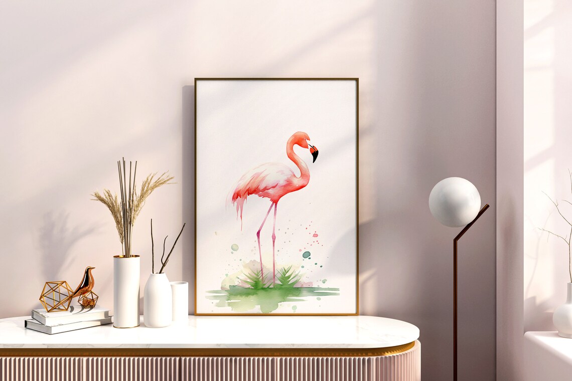 Pink Flamingo Standing Watercolor Nursery Bird Painting Poster - Image 4