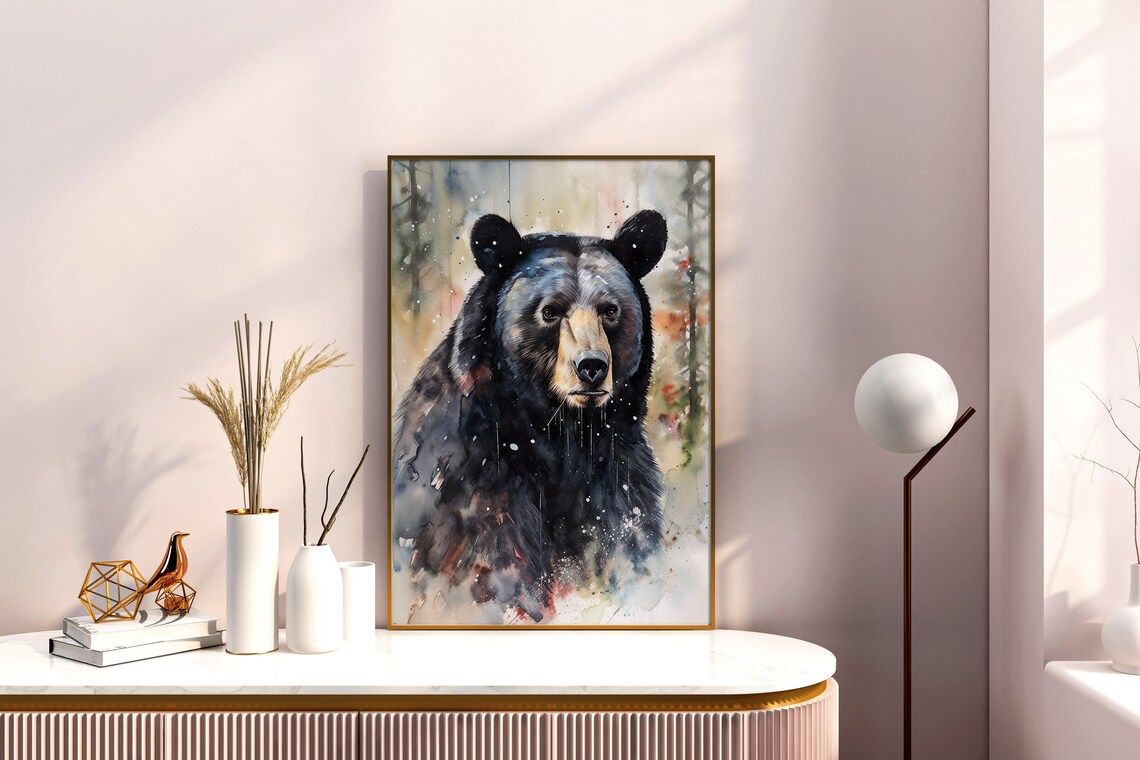 Black Bear in Dark Forest Watercolor Wildlife Portrait Poster - Image 5