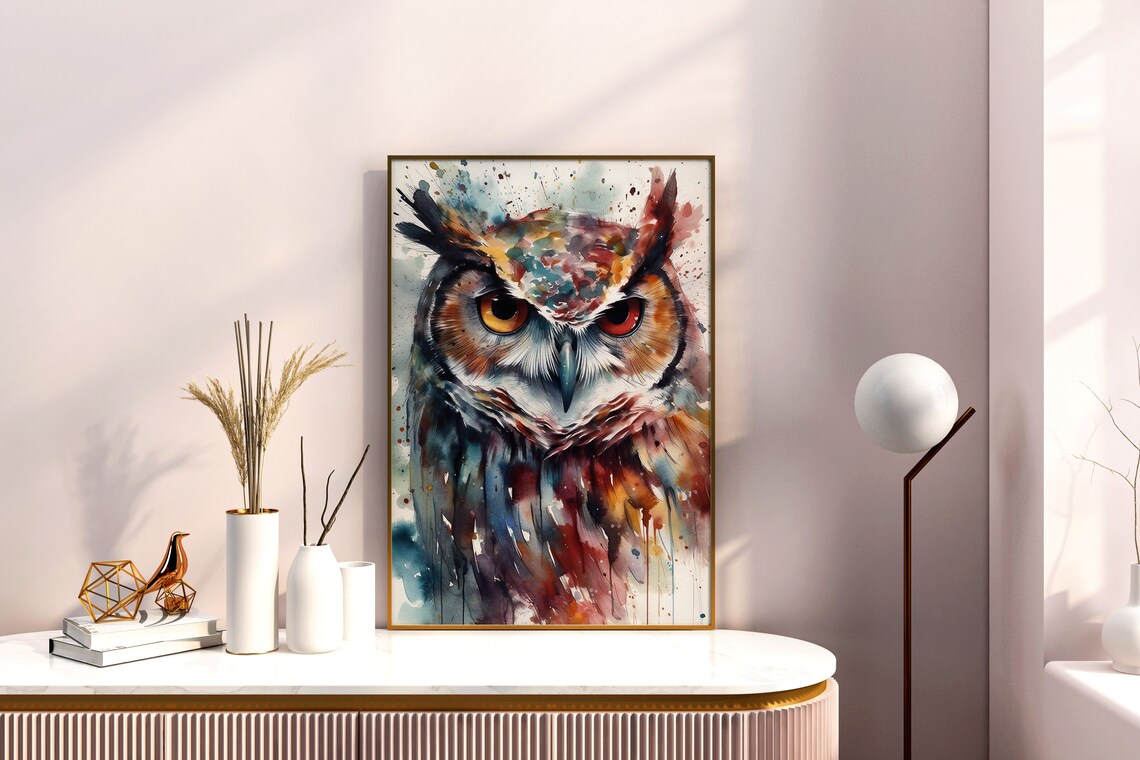 Great Horned Owl Colorful Watercolor Wildlife Portrait Poster - Image 5