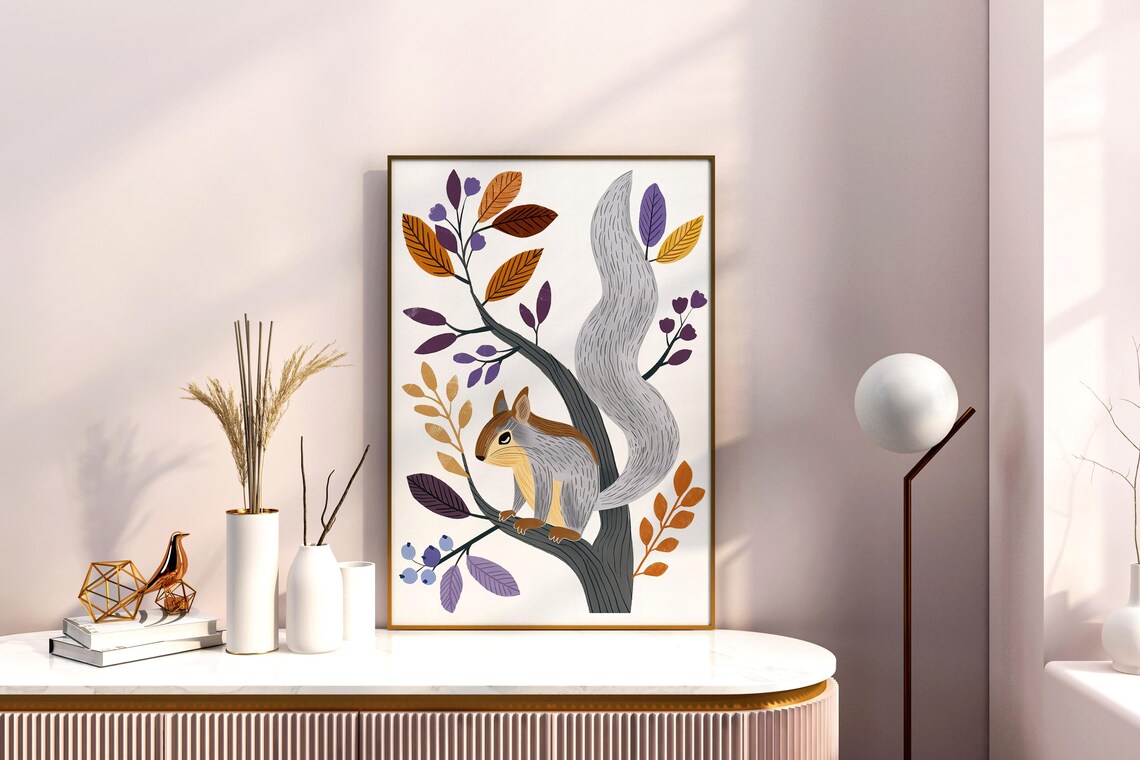 Squirrel Autumn Watercolor Illustration with Colorful Leaves Kids Poster - Image 3