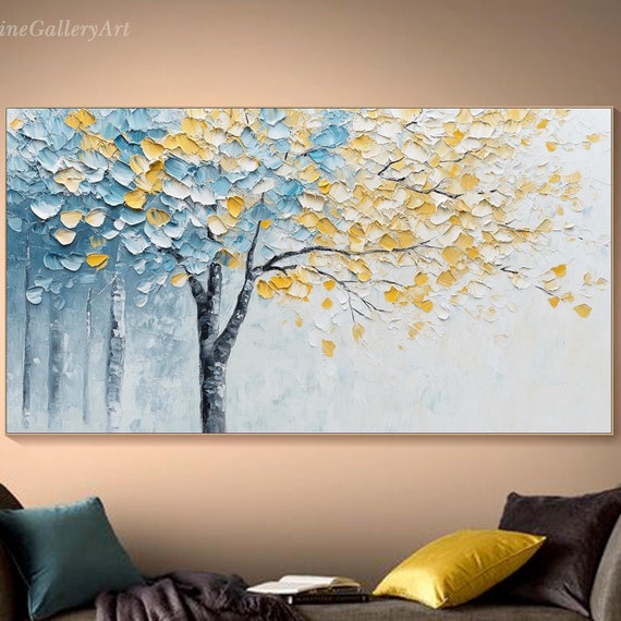 3d Tree Textured Wall Art Blue And Yellow Abstract Painting On Handmade Nature Artwork Neutral Birch Tree Art Large Living Room Decor