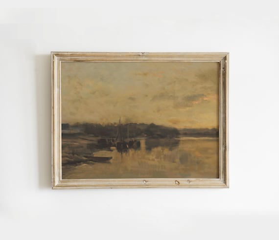 Vintage Harbor Boats At Golden Dusk Muted Tonal Oil Painting Poster