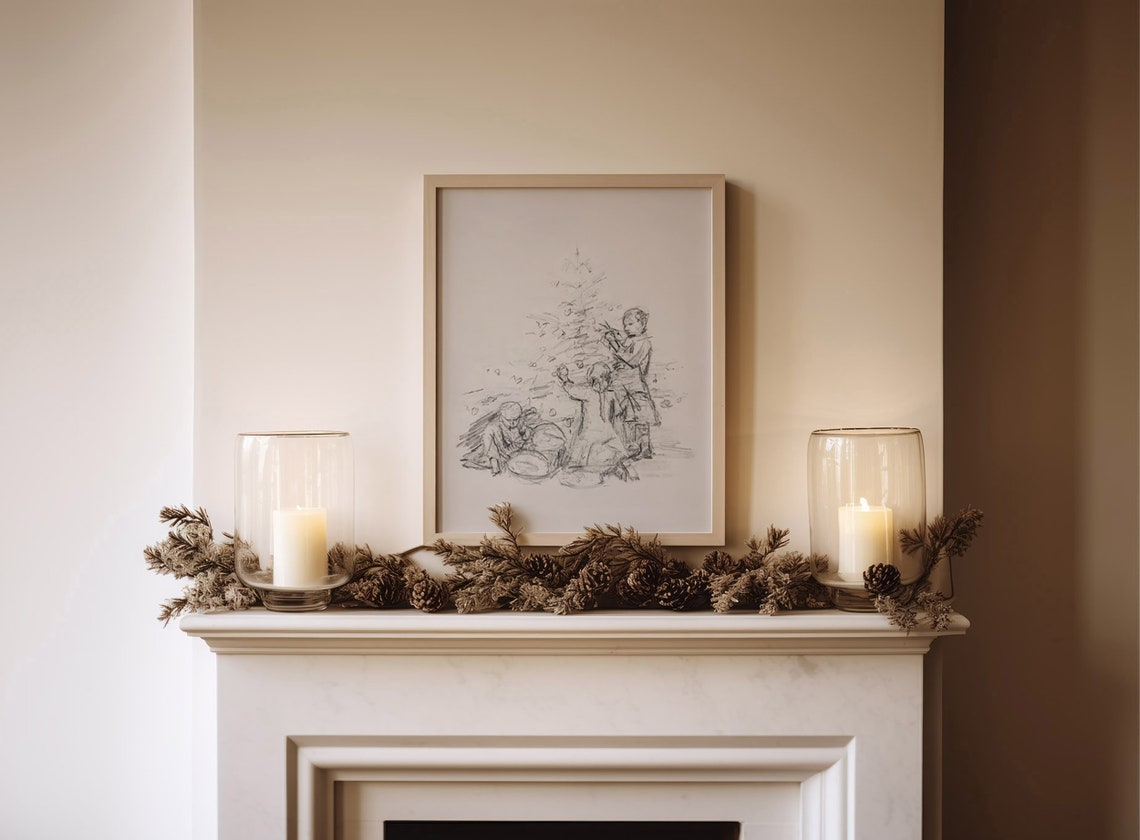 Vintage Sketch Children Trimming Christmas Tree Neutral Wall Art - Image 3