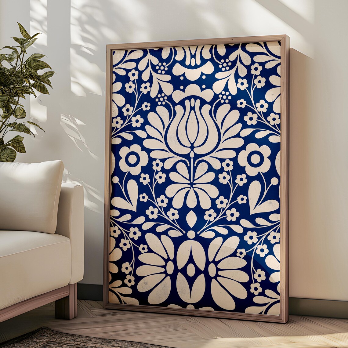 Blue and Cream Norwegian Folk Art Floral Pattern Scandinavian Poster