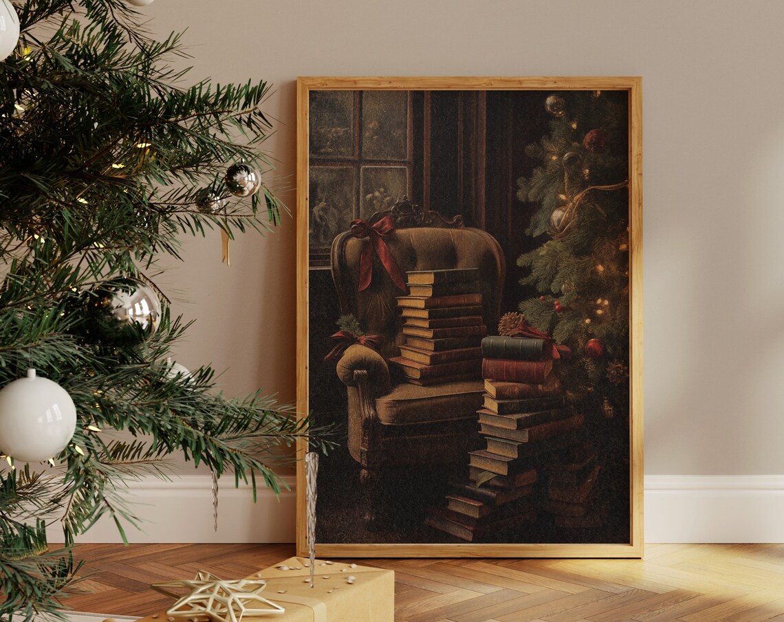 Cozy Christmas Reading Nook Books Armchair Vintage Art Print Decor